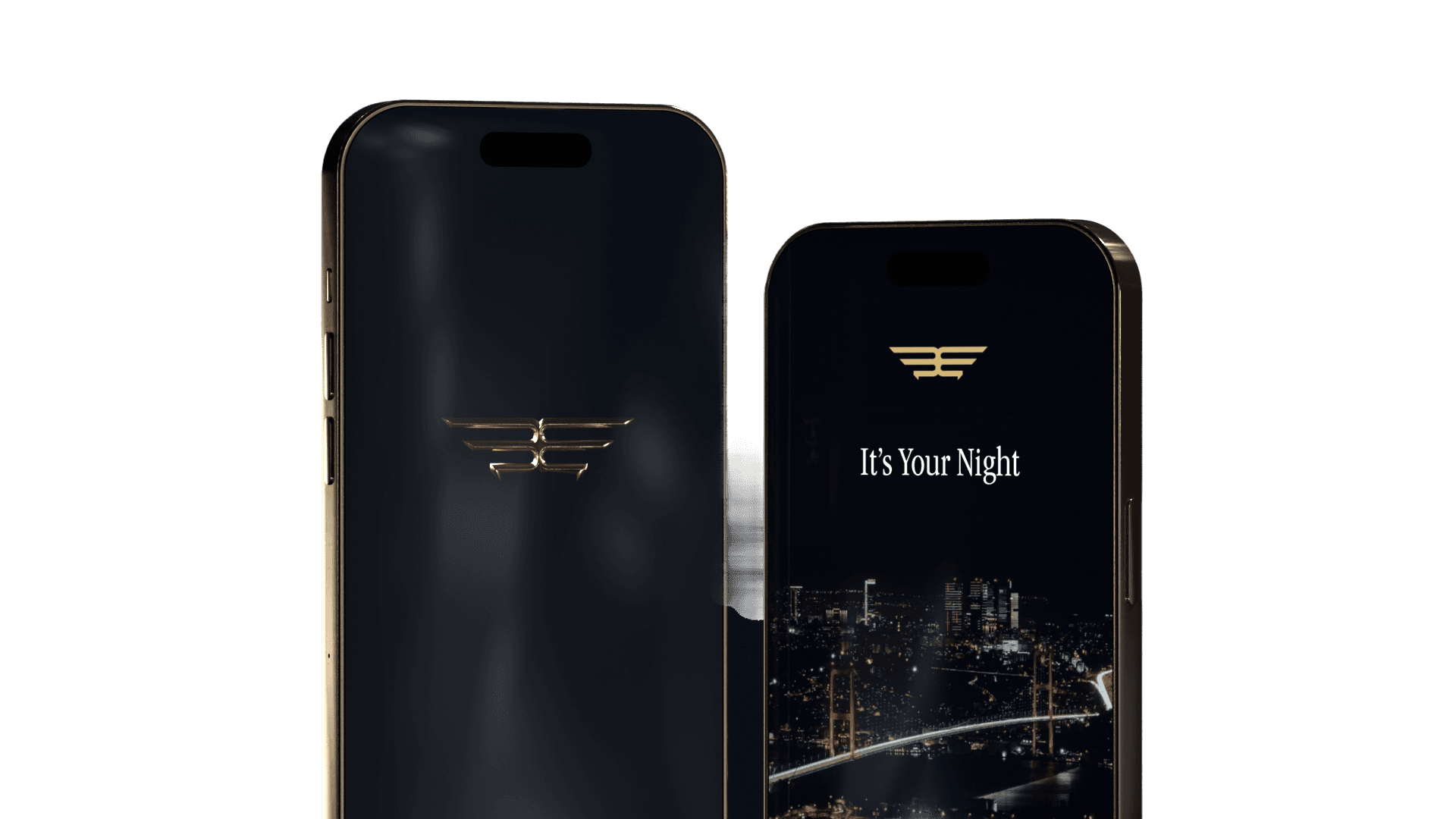 Two iPhones in a 45 degree angle facing each other. The left one has Pilot's logo and the right one it's your night and a city image